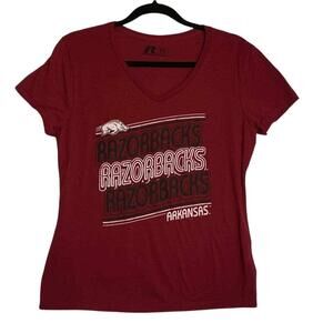 Russell Womens Size Medium Razorbacks T-Shirt Fitted V-Neck Cardinal & White